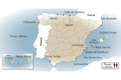 Mapa con 12 de las playas nudistas de España.