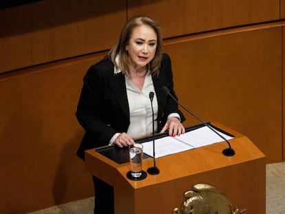 La ministra de la Suprema Corte Yasmín Esquivel, en una intervención en el Senado mexicano.