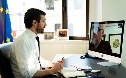 El lder del PP, Pablo Casado, en una reunin por videoconferencia este viernes.