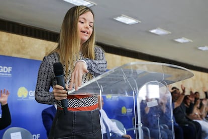 Vitória Mesquita, brasileña de 25 años, durante una charla en una imagen cedida. 