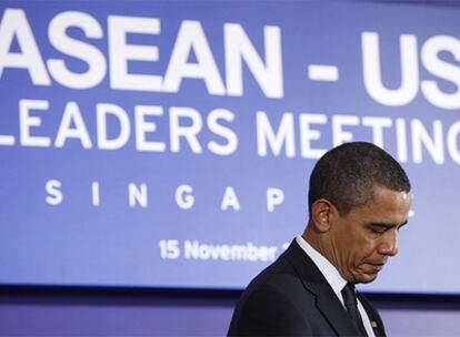 Barack Obama durante una comparecencia de prensa en la cumbre de la Asociación de Naciones del Sudeste Asiático (ASEAN), celebrada en Singapur