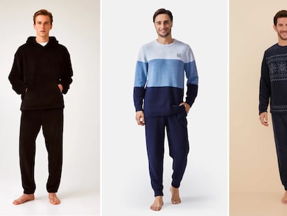 Vista en detalle de tres modelos de pijama con forro polar para hombre.