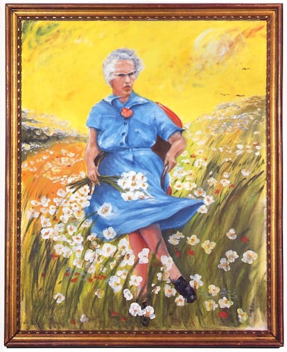 Título: 'Lucy in the Field with Flowers', pintor: desconocido, 30x24 óleo sobre lienzo, rescatado de la basura en Boston, MA. Esta fue la primera obra del MOBA. El movimiento, la silla, la influencia de su pecho, los matices sutiles del cielo, la expresión de su rostro; cada detalle grita 'obra maestra'.