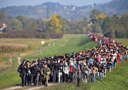Cientos de emigrantes caminan hacia la frontera croata en Rogonce (Eslovenia).