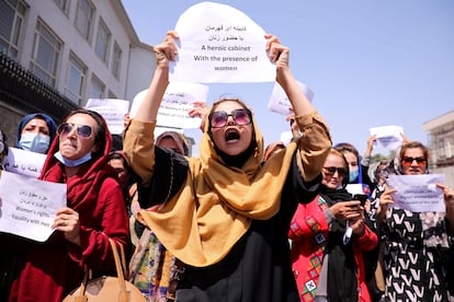 Manifestación en defensa de los derechos de las mujeres frente al palacio presidencial de Kabul, en septiembre de 2021.