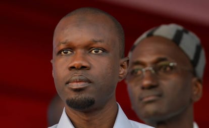 Ousmane Sonko, durante un acto de campaña de su partido en Senegal.