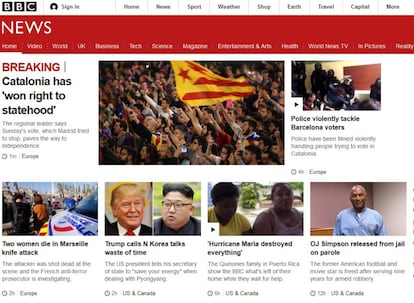 La cadena británica BBC, en su versión online, uno de los medios más leídos del mundo, titula durante la madrugada con la última comparecencia del presidente de la Generalitat catalana, Carles Puigdemont: "Cataluña se ha ganado el derecho a un Estado". De segunda información, la cadena destaca la "violencia policial" ejercida contra los votantes.
