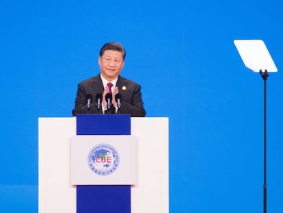 O presidente chinês, Xi Jinping, durante a cerimônia de inauguração da feira global de importação