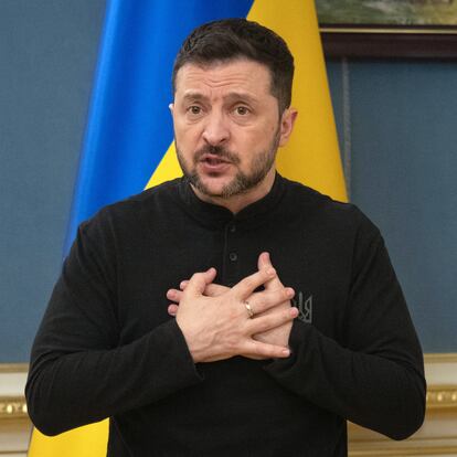 Ukrainian President Volodymyr Zelenskyy speaks during a briefing in Kyiv, Ukraine, Tuesday, March 25, 2025. (AP Photo/Efrem Lukatsky)