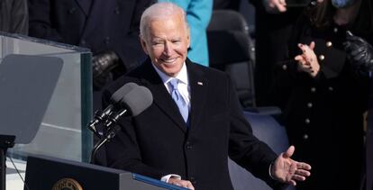 Joe Biden durante su primer discurso como presidente de Estados Unidos, este miércoles, en Washington. 