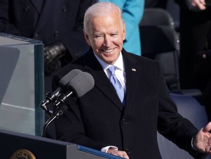 Joe Biden durante su primer discurso como presidente de Estados Unidos, este miércoles, en Washington. 