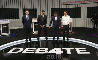 Los candidatos, antes del debate a cuatro del lunes.