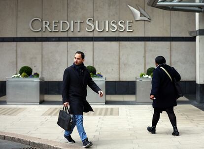 Oficina de Credit Suisse en Canary Wharf, Londres, este lunes.