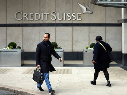 Oficina de Credit Suisse en Canary Wharf, Londres, este lunes.