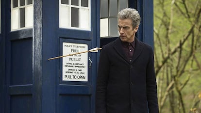 Peter Capaldi, the Twelfth Doctor, exiting his ship, the TARDIS.