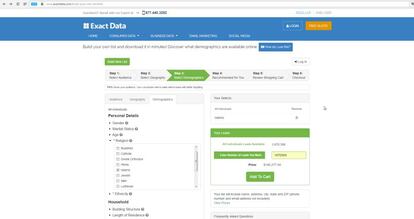 Venda de dados do ExactData.com na internet. Na imagem, vê-se uma seleção por religião, a quantidade de pessoas que oferecem dados para essa compra, 1,8 milhão, e o preço: 140.277 dólares.