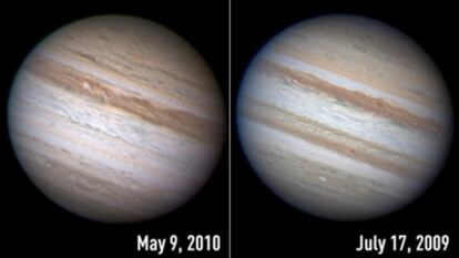 La banda ecuatorial sur de Júpiter aparece desvanecida en la imagen de la izquierda, de mayo de 2010, respecto al año pasado.
