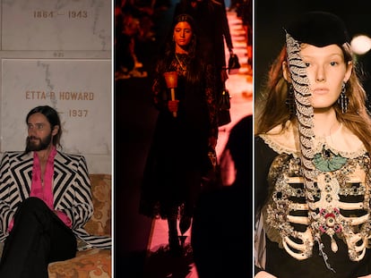 De izda. a dcha., Jared Leto en la fiesta de Gucci Guilty en el cementerio de Hollywood; modelo en la procesión fúnebre que abrió el desfile de la colección p-v 2019 de Dolce & Gabbana; y diseño de la resort 2019 de Gucci en un antigua cementerio romano en Arles (Francia).