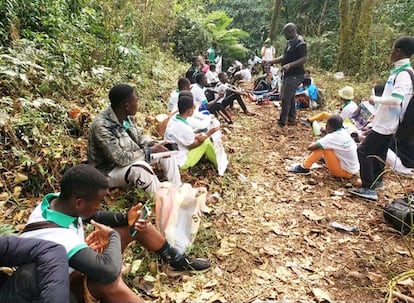 Jóvenes de comunidades desplazadas aprenden sobre vida silvestre en el parque nacional del Monte Camerún.