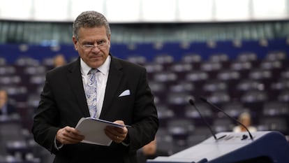El comisario de Comercio, Maros Sefcovic, durante una intervención en el Parlamento Europeo de Estrasburgo esta semana.