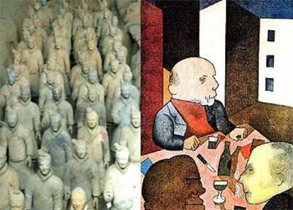 A la izquierda, los guerreros de Xi'an, tal como pueden verse en China. A la derecha, <i>El ser humano es bueno,</i> de Grosz, que se exhibirá en la exposición <i>La condición humana.</i>