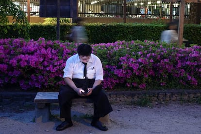 Un hombre mira su móvil sentado en un parque de Kioto, en 2018.