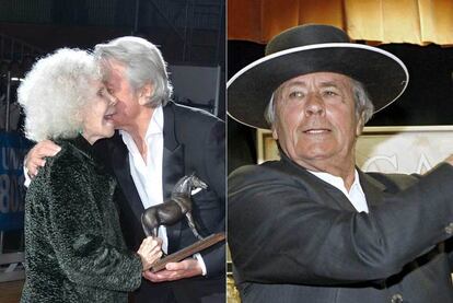 Alain Delon besa a la duquesa de Alba en presencia de su esposo, Alfonso Díez. A la derecha, el actor, tocado
con un sombrero cordobés.
