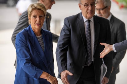 Swiss President Karin Keller-Sutter arrives at the State Department, Wednesday, Aug. 6, 2025, in Washington. (AP Photo/Mark Schiefelbein)