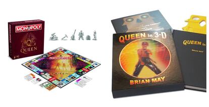 A la izquierda, un Monopoly temático de Queen. A la derecha, el libro de instantáneas 'Queen in 3-D' de Brian May.