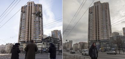 Varios peatones observan los daños en un edificio de apartamentos de la capital ucrania, Kiev, que fue alcanzado por un misil ruso el 26 de febrero de 2022. A la derecha, una persona caminaba el 11 de febrero de este año frente al mismo inmueble, reconstruido tras los ataques del Kremlin.