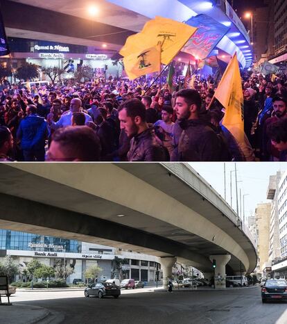 Cientos de seguidores del tándem de partidos chií Amal-Hezbolá organizan una contra-manifestación en Dahie (periferia sur de Beirut), el pasado mes de noviembre. Abajo, el mismo lugar el 27 de marzo.