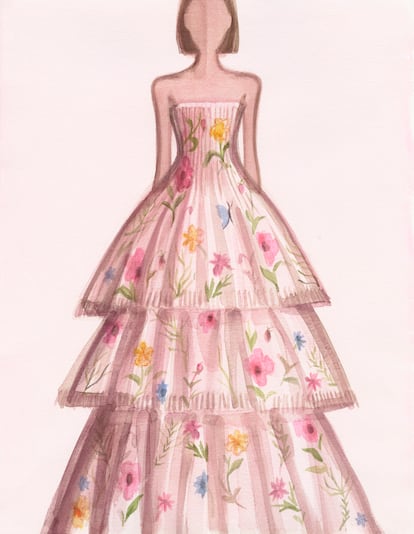 Ilustración de Mats Gustafson. Vestido floral Miss Dior.