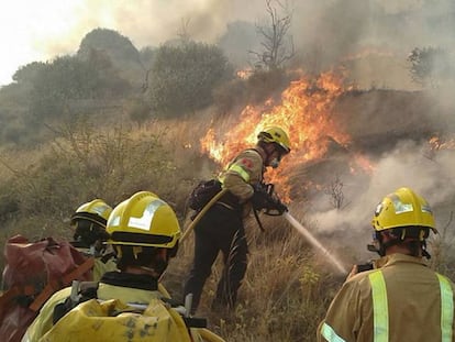 Los bomberos trabajan en la extinción del incendio de Sant Feliu Saserra.