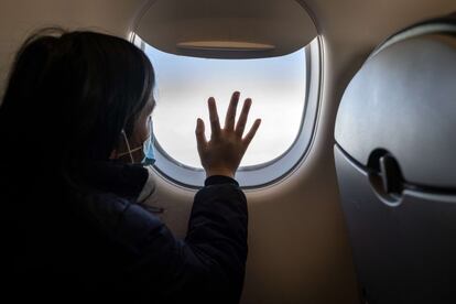 Nani mira por la ventana mientras vuela para unirse a su familia extendida en el sur de Indiana, el 23 de abril de 2021.