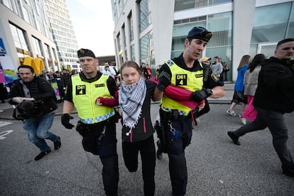 La activista sueca Greta Thunberg, durante las protestas en 2024 en Malmö por la participación de Israel en Eurovisión