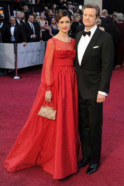 Colin y Livia Firth, esta última con un Valentino rojo.