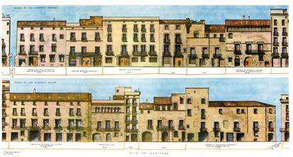 Alzado de las fachadas de las casas de la calle Montcada en 1957, antes de la reforma. En un dibujo de Adolf Florensa.