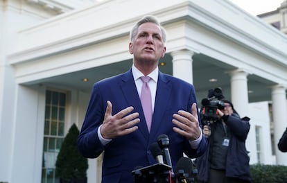 House Speaker Kevin McCarthy talks to reporters after he met with President Biden at the White House in Washington, February 1, 2023.