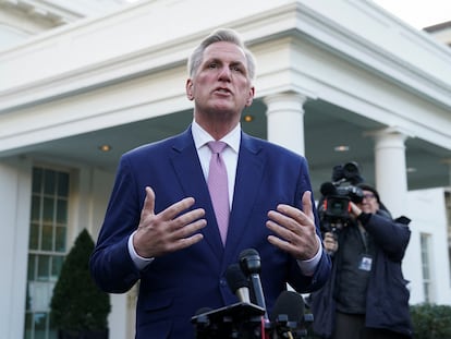 House Speaker Kevin McCarthy talks to reporters after he met with President Biden at the White House in Washington, February 1, 2023.