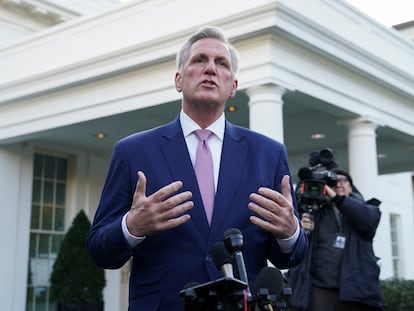 House Speaker Kevin McCarthy talks to reporters after he met with President Biden at the White House in Washington, February 1, 2023.