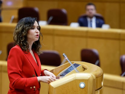 La presidenta de Madrid, Isabel Díaz Ayuso, interviene en la sesión de la Comisión General de Comunidades Autónomas celebrada el pasado lunes en el Senado.