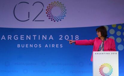 La ministra de Seguridad de Argentina, Patricia Bullrich, brinda una rueda de prensa en la previa del G20, el jueves pasado en Buenos Aires.