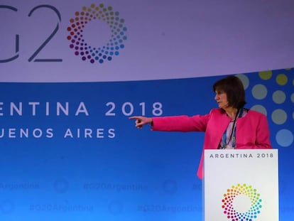 La ministra de Seguridad de Argentina, Patricia Bullrich, brinda una rueda de prensa en la previa del G20, el jueves pasado en Buenos Aires. 