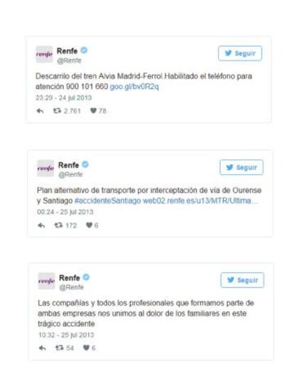 Primeros tuits de Renfe tras el accidente de Santiago en 2013.