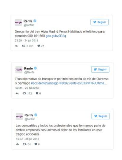 Primeros tuits de Renfe tras el accidente de Santiago en 2013.