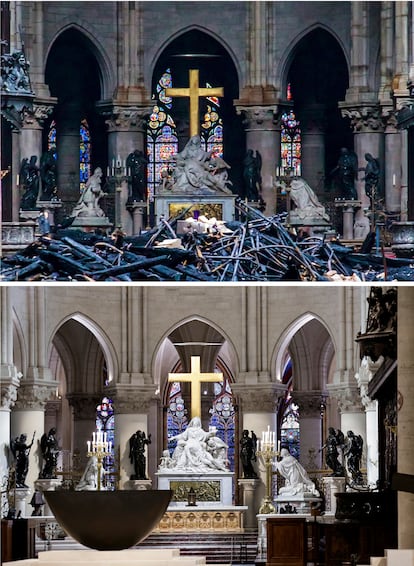 Un combo de imágenes muestra el altar dentro de la catedral de Notre Dame en París después del incendio del 16 de abril de 2019, arriba, y después de la renovación, abajo.