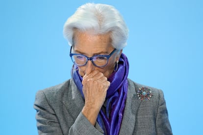 Christine Lagarde, durante la rueda de prensa del BCE, este jueves en Fráncfort (Alemania).