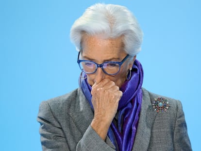 Christine Lagarde, durante la rueda de prensa del BCE, este jueves en Fráncfort (Alemania).