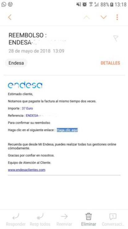 Mensaje falso en nombre de Endesa recibido por una cliente a finales del pasado mes de mayo.