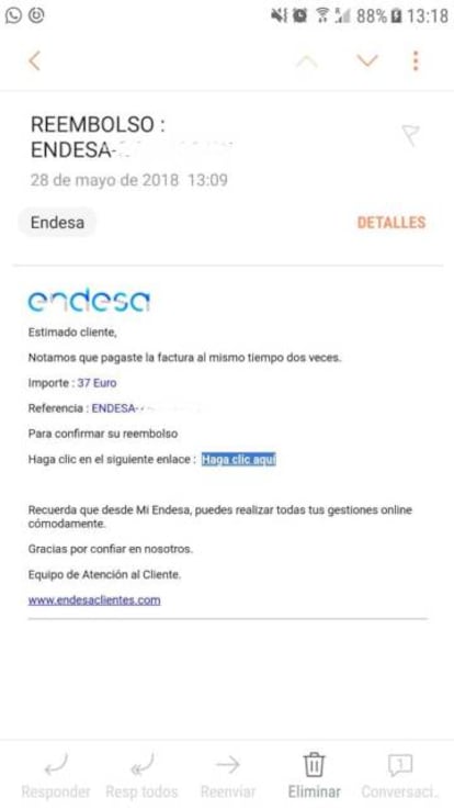 Mensaje falso en nombre de Endesa recibido por una cliente a finales del pasado mes de mayo.